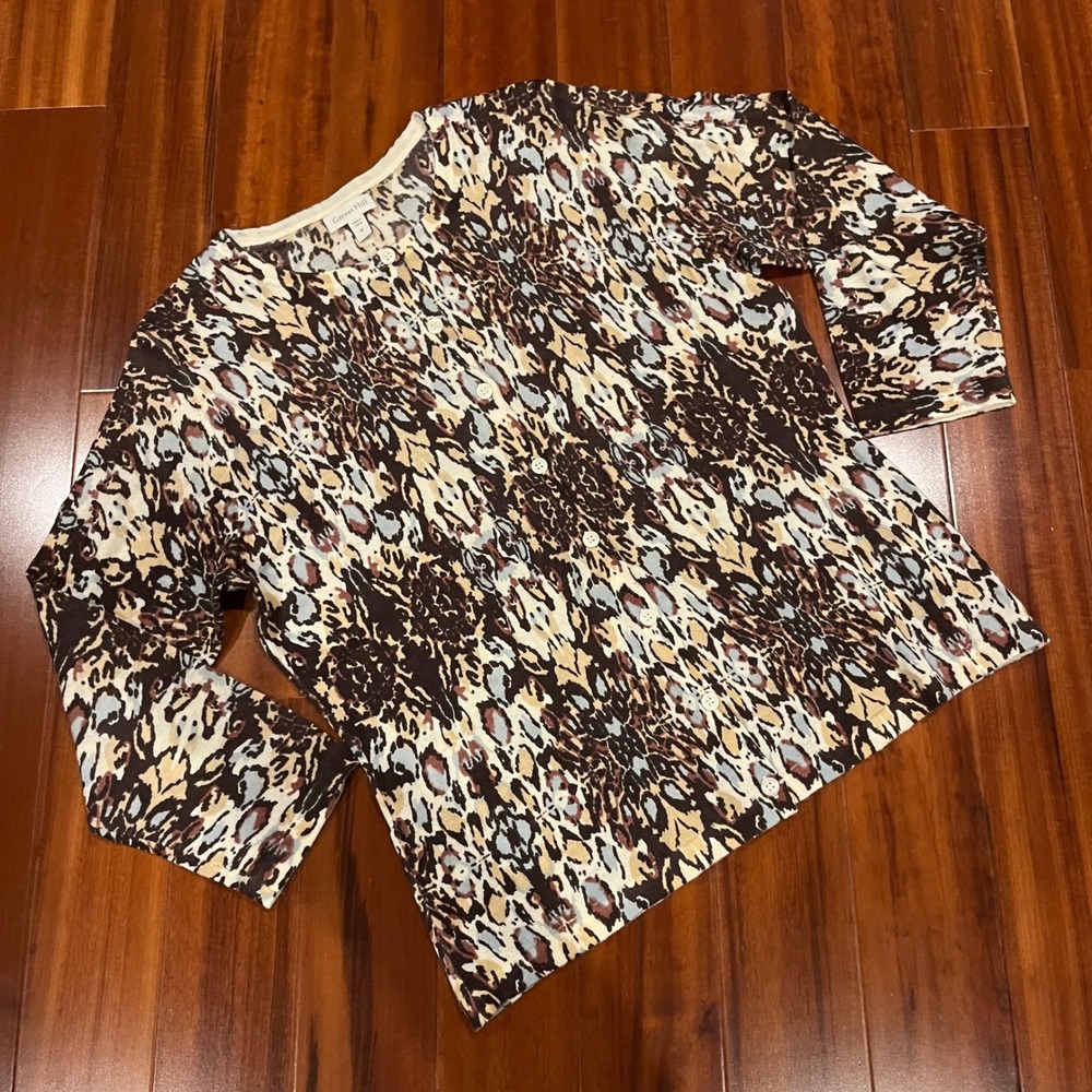 Garnet Hill Merino Wool Cardigan Sweater Long Sleeve Lightweight Boho Print Sz M